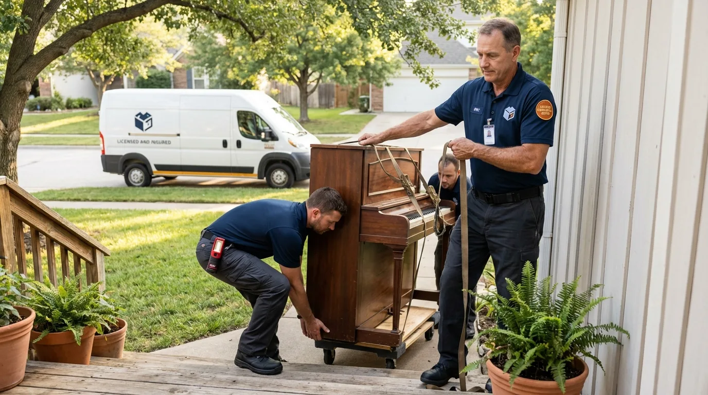 Licensed piano movers securing grand piano in Derwood, MD