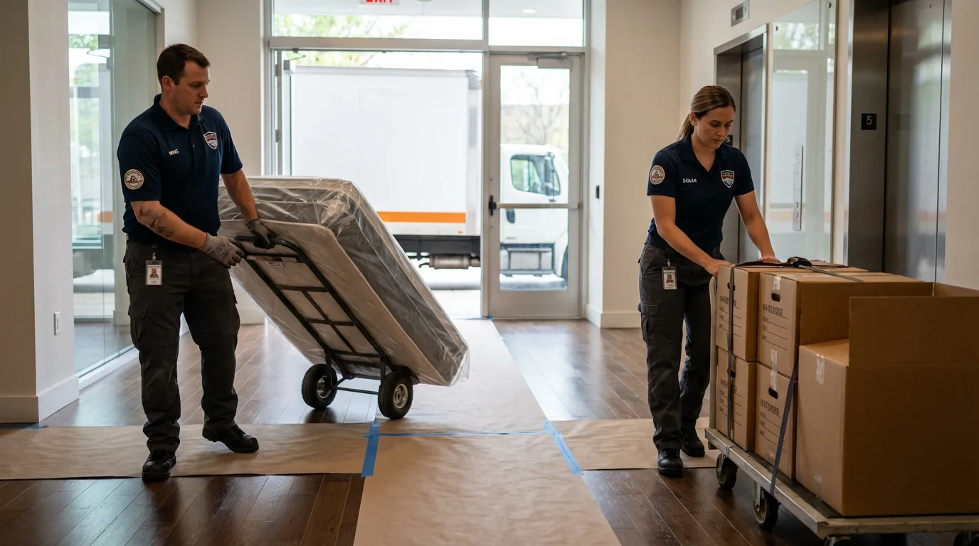 Professional apartment movers loading elevator in Derwood, MD